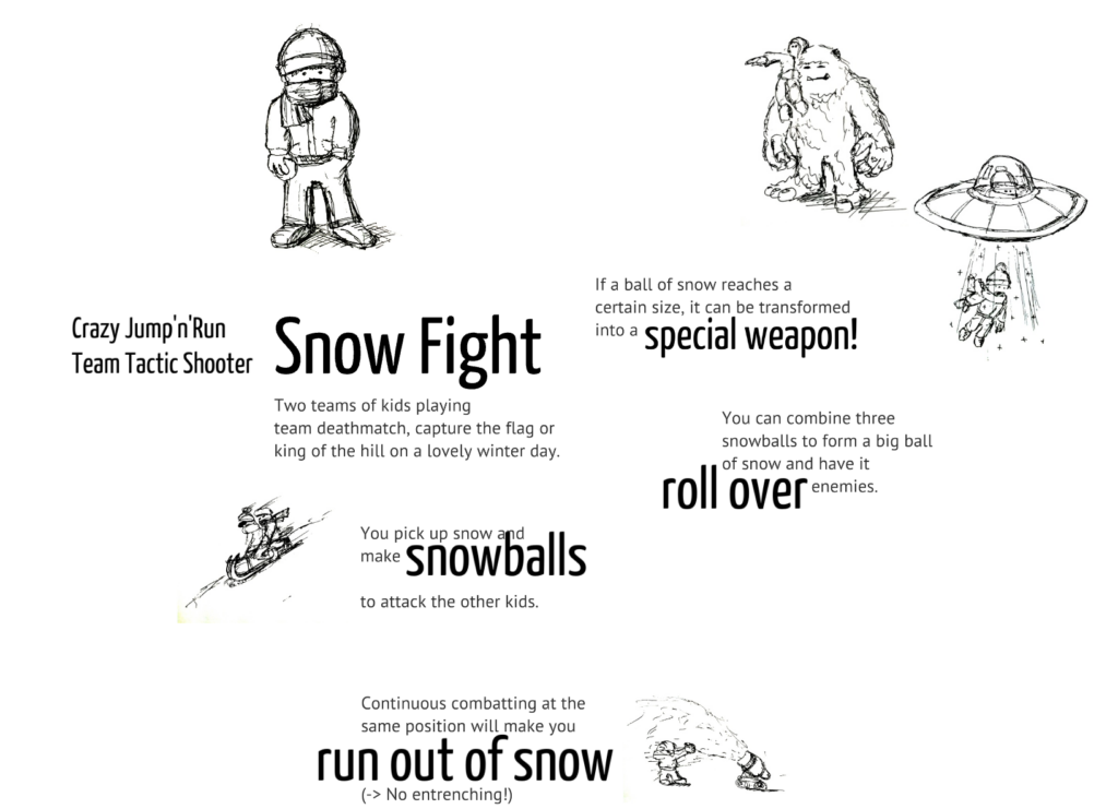 Concept art about merging jump n run and tactic shooter elements in snow fights